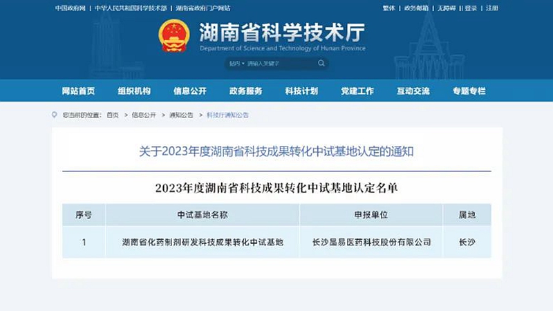 晶易醫藥獲“湖南省科技成果轉化中試基地”認定！